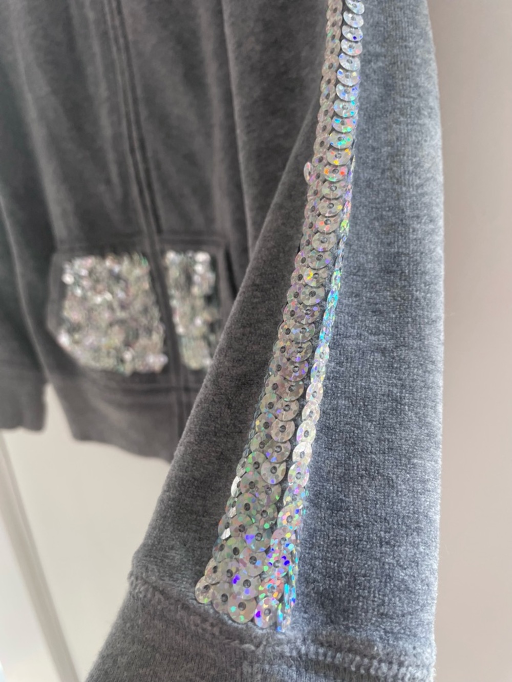 Sequin 3D Bear Ears Hoodie! Sequins on Ears, Pockets & Sleeves, Soft Gray Velour - Picture 6 of 14